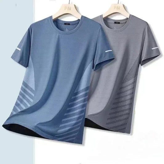 Two short-sleeve shirts, one blue and one gray, on hangers with 'Ice silk' branding.