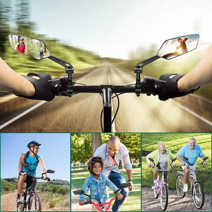 Bicycle handlebar with mirrors and people riding bikes in various settings.