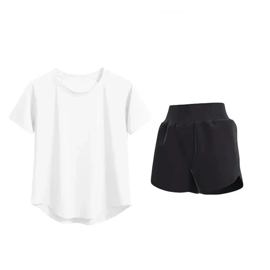 White t-shirt and black shorts labeled 'Fitness uniform set' on a white background