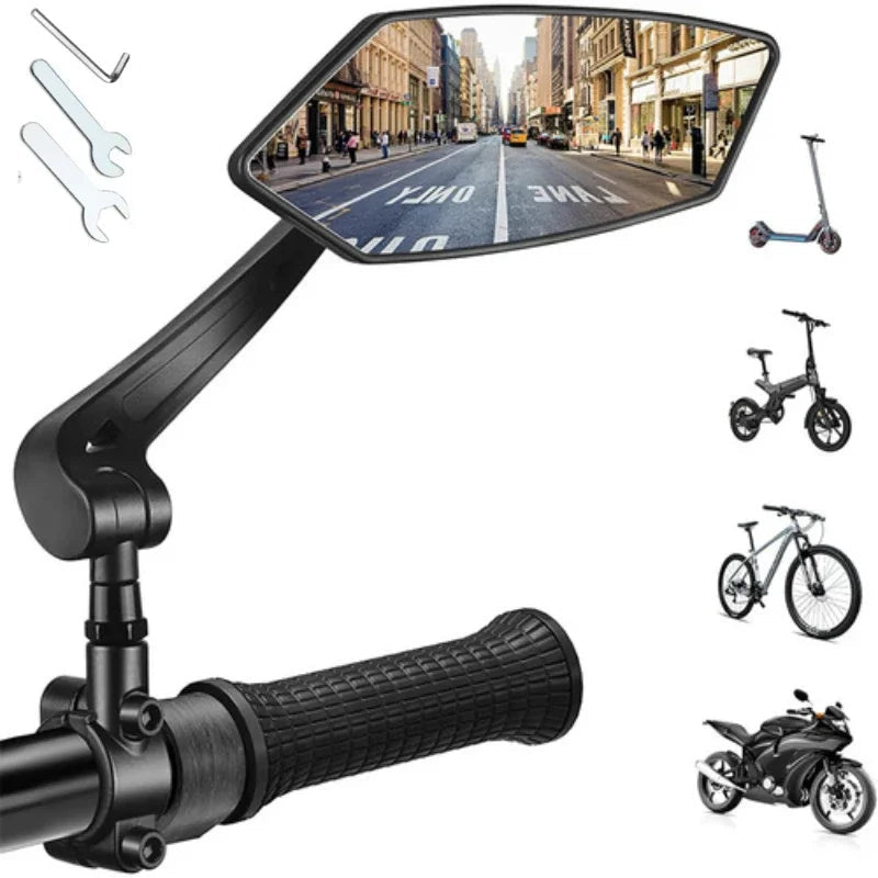 Bicycle mirror with assembly tool and various bike types on a white background