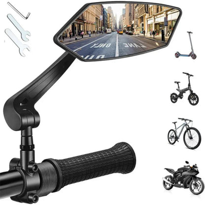 Bicycle mirror with assembly tool and various bike types on a white background