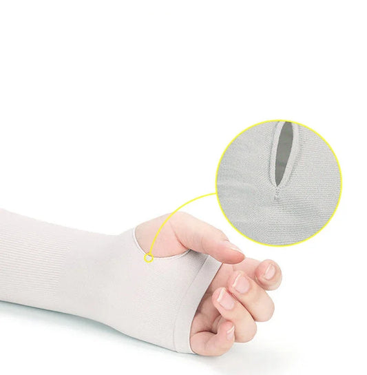 Hand wearing a white sleeve with a thumb hole design on a white background