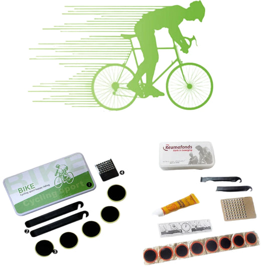 Bicycle repair kit with tools and patches on a white background, featuring a stylized cyclist graphic.