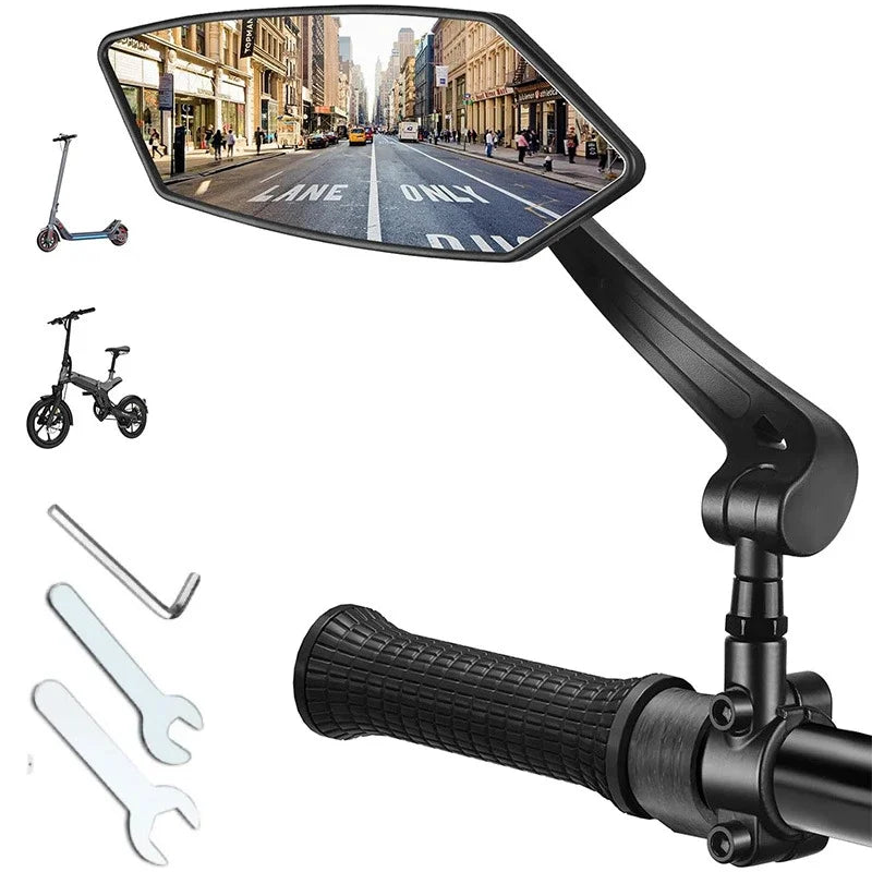Motorcycle mirror with adjustable arm, handlebar grip, and tools on a white background