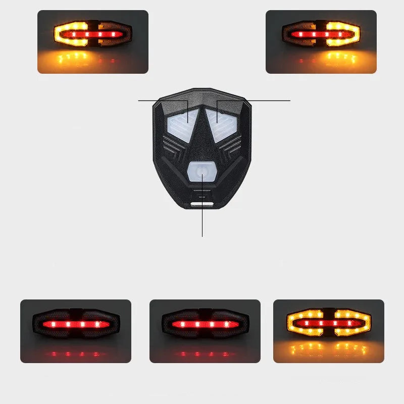 Bicycle tail light with turn signal switches and various light modes on a white background.