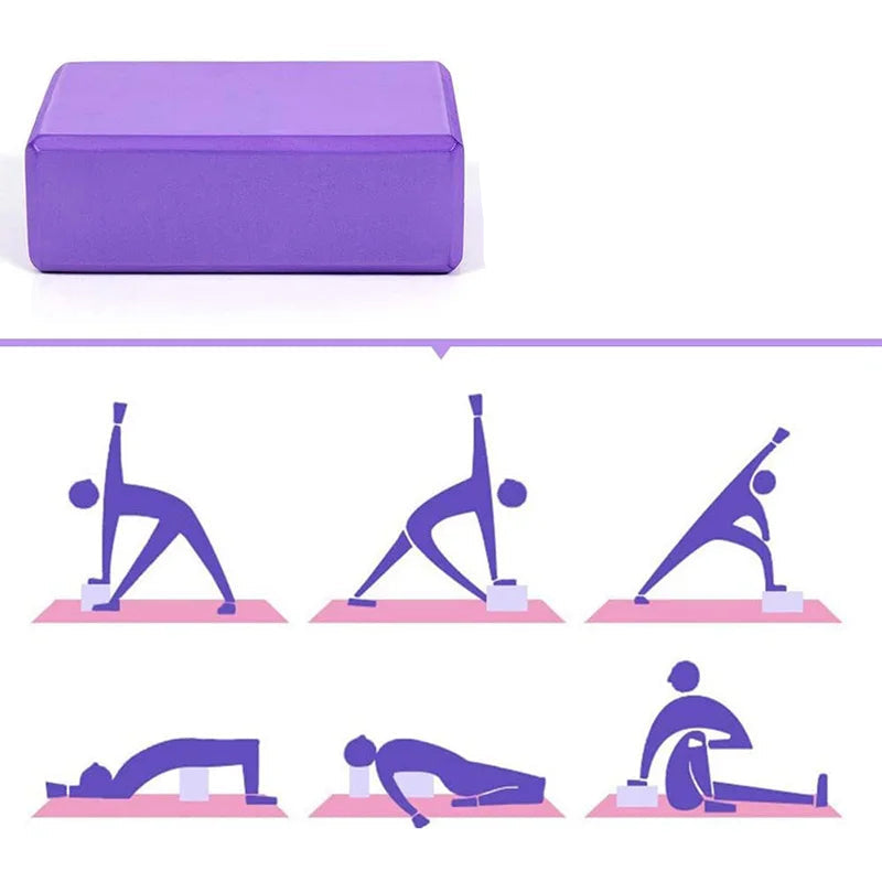 Purple yoga block with exercise illustrations on a white background