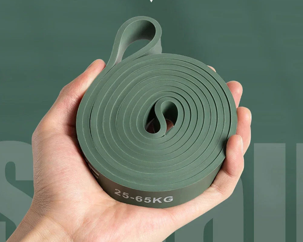 Person holding a green resistance band with text on a green background