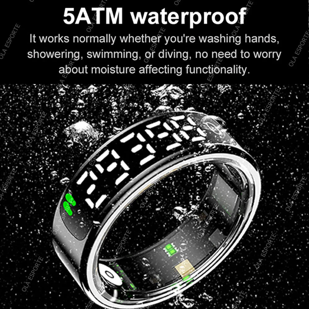 Smart ring with water resistance feature, shown underwater.