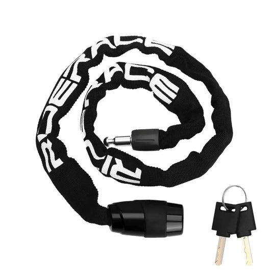 Black bicycle chain lock with keys on a white background
