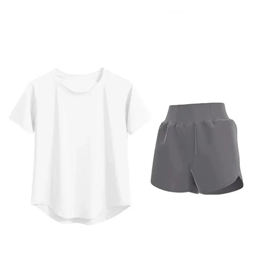 White t-shirt and gray shorts labeled as a fitness uniform set on a white background.