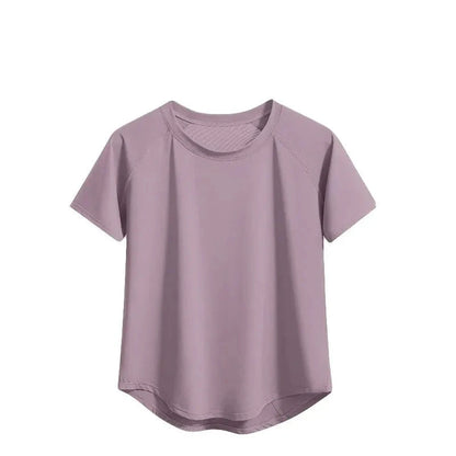 Purple t-shirt with mesh stitching on a white background