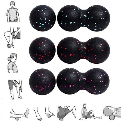 Black massage balls with colorful specks and usage illustrations on a white background