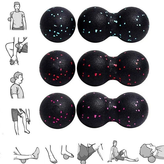 Black massage balls with colorful specks and usage illustrations on a white background