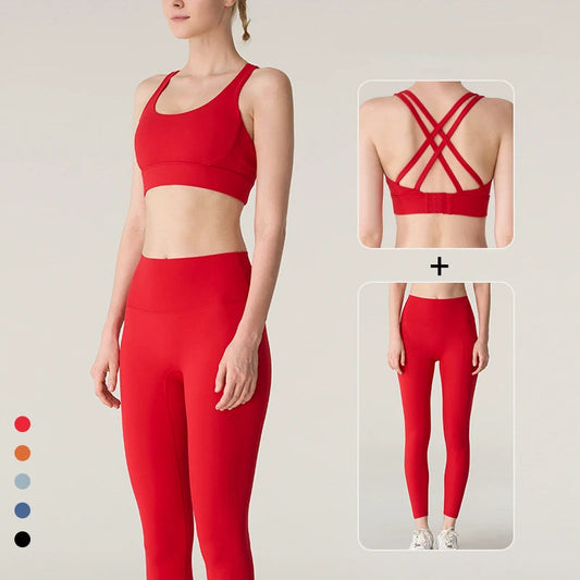 Red sports bra and leggings set with additional views on a light gray background