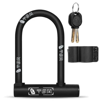 Black U-shaped lock with bracket and keys on a white background