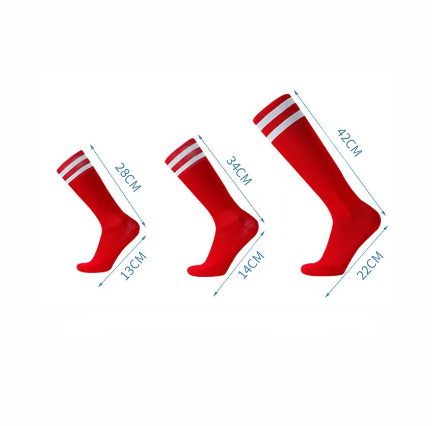 Red socks with white stripes and measurements for kids, teenagers, and adults on a white background.