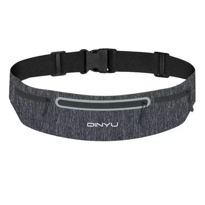 Gray waist bag with black strap on a white background