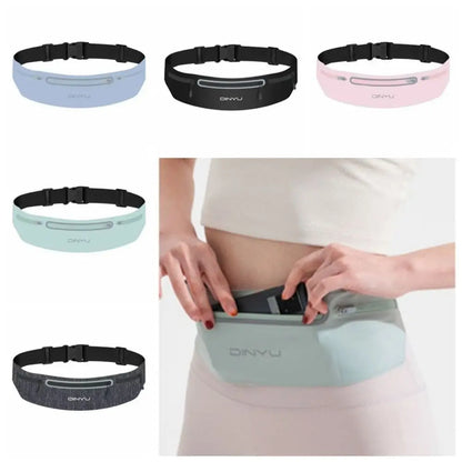 Set of DINYU waist bags in various colors with a person wearing one.