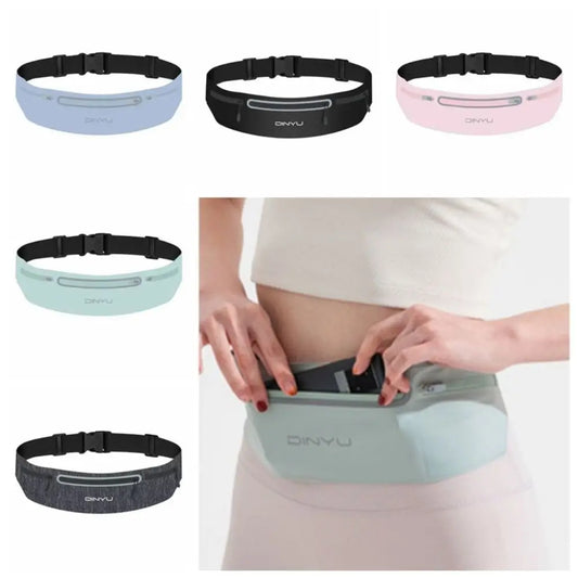 Set of DINYU waist bags in various colors with a person wearing one.