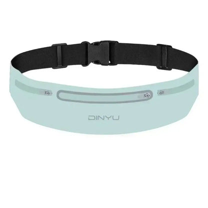 Light blue waist bag with black strap on a white background