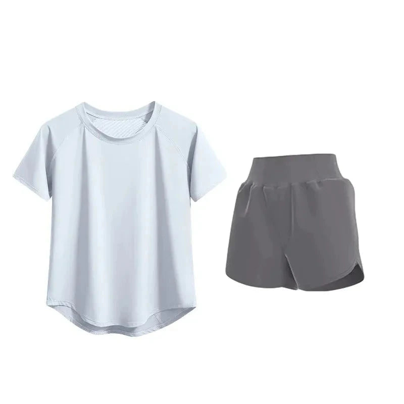 Fitness uniform set with a white t-shirt and gray shorts on a white background