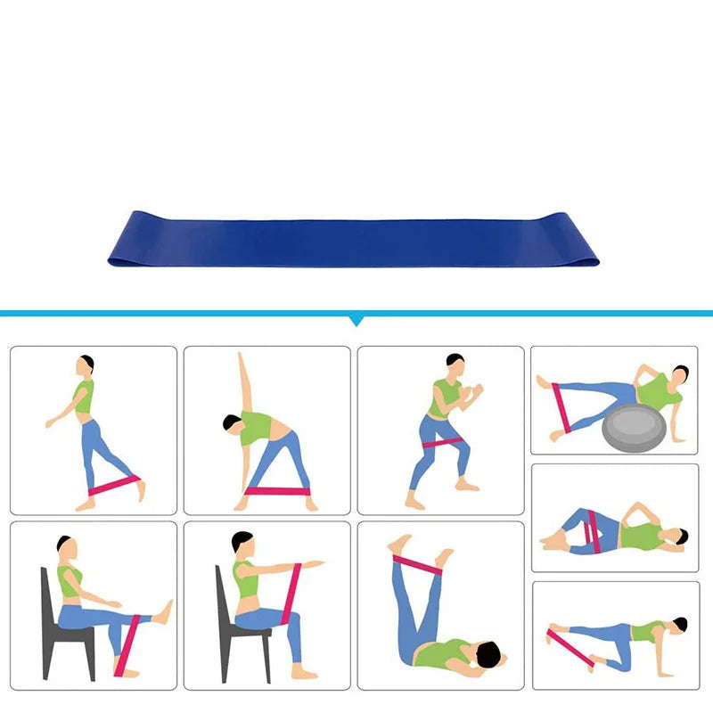 Resistance loop band with exercise illustrations on a white background