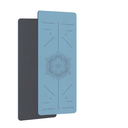 Blue and black yoga mat with lacing feature on a white background