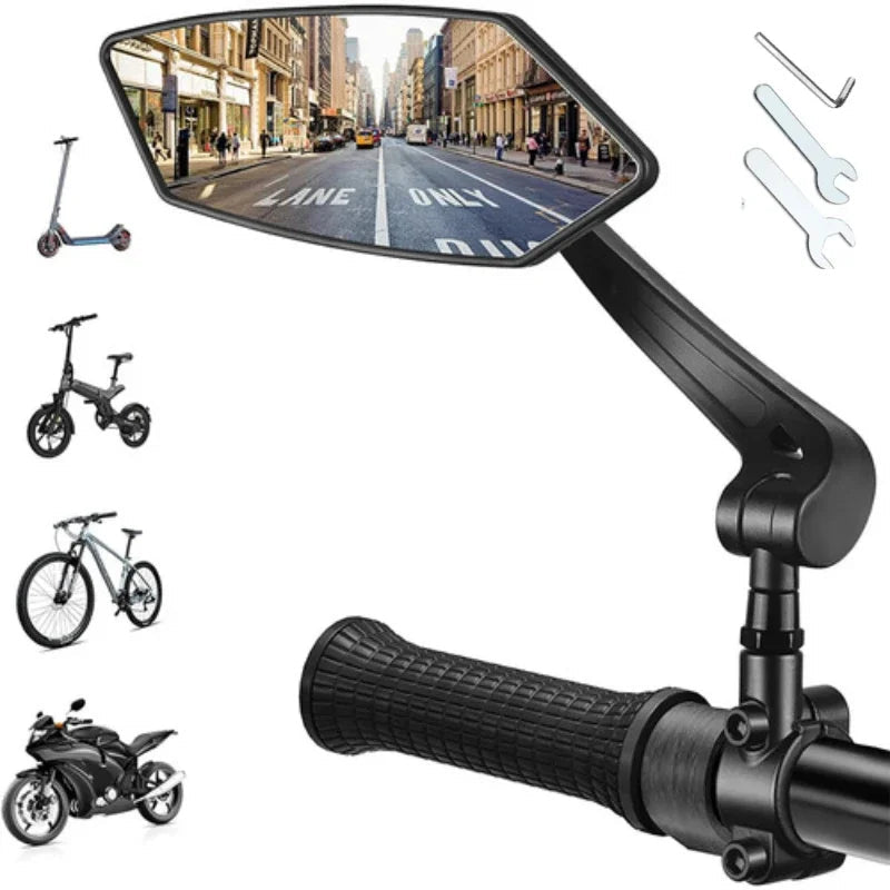 Motorcycle mirror with adjustable arm on a white background, surrounded by small images of bikes and tools.