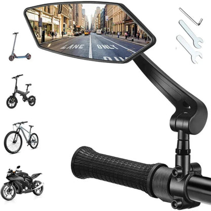 Motorcycle mirror with adjustable arm on a white background, surrounded by small images of bikes and tools.