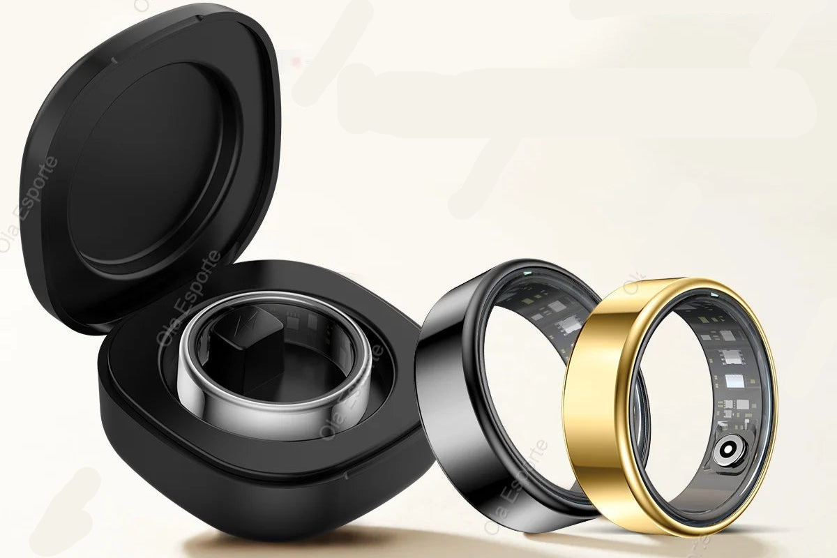 Smart ring with open case on a light background, featuring 'love at first sight' text.