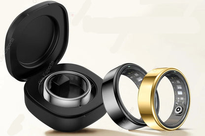 Smart ring with open case on a light background, featuring 'love at first sight' text.