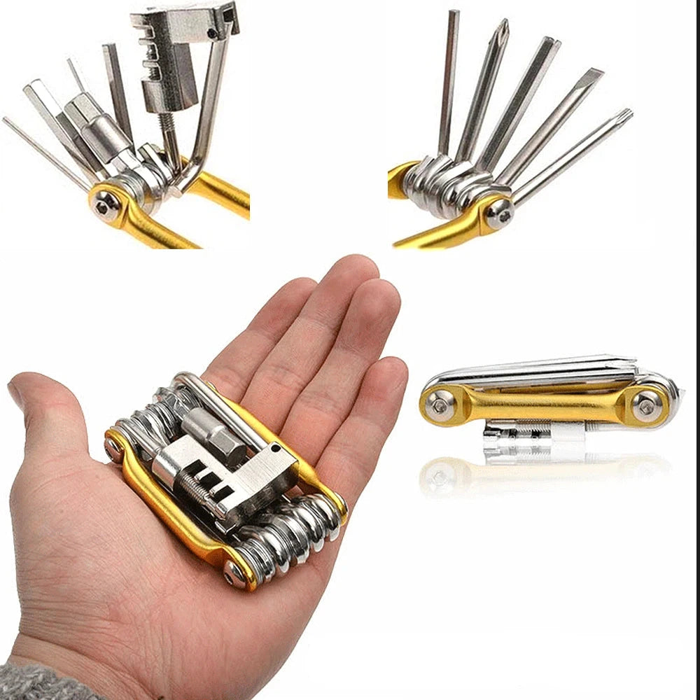 Multitool with various tools held in a hand, showing its small size and portability.