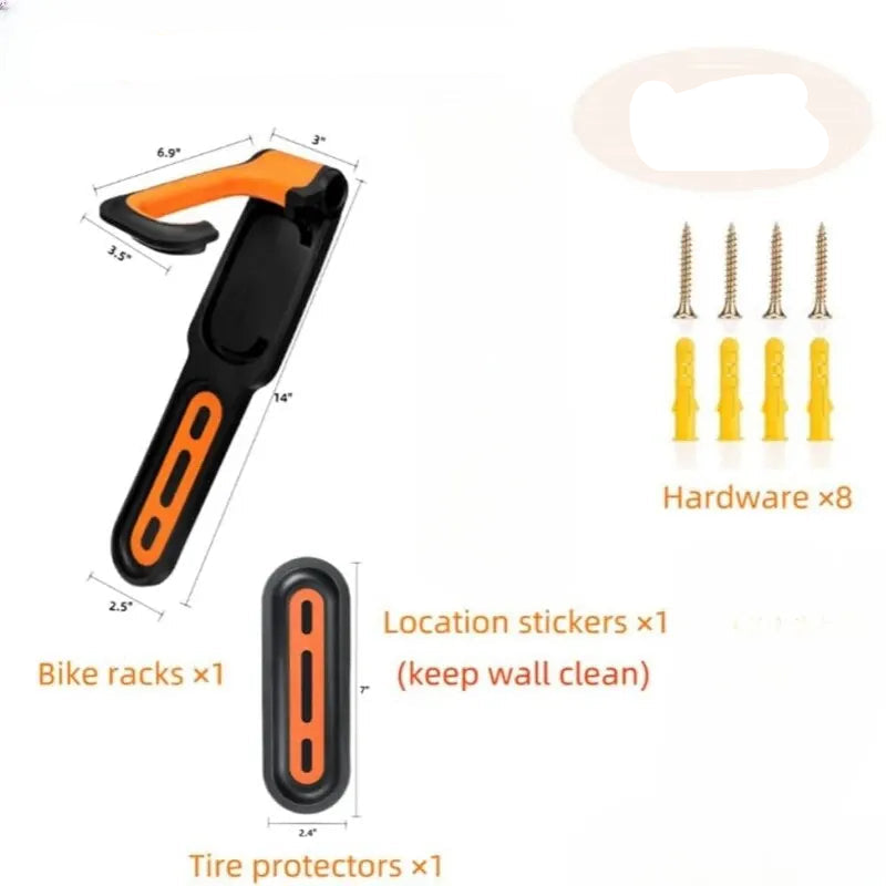 Bicycle hook accessories set with hardware, bike racks, location stickers, and tire protectors on a white background.