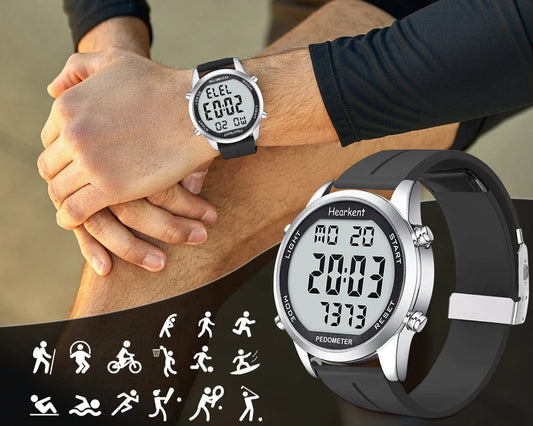 Digital watch with black strap worn on wrist, Hearkent brand visible