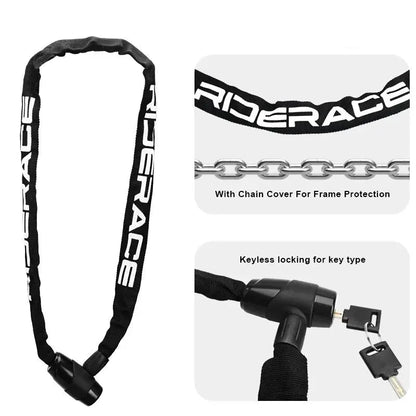 Riderace chain lock with chain cover and keyless locking mechanism on a white background