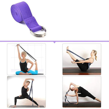 Yoga strap with a woman demonstrating its use in various poses on a white background.
