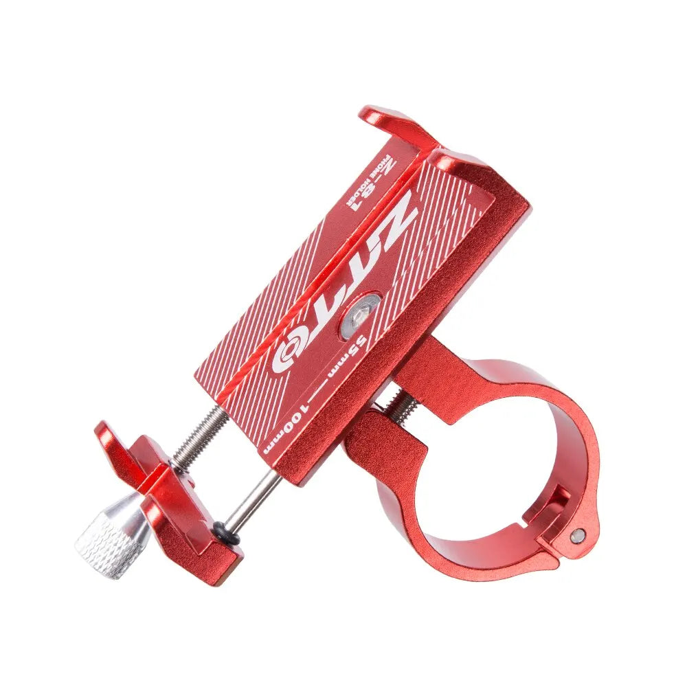Red bicycle clamp with 'QLuz' branding on a white background