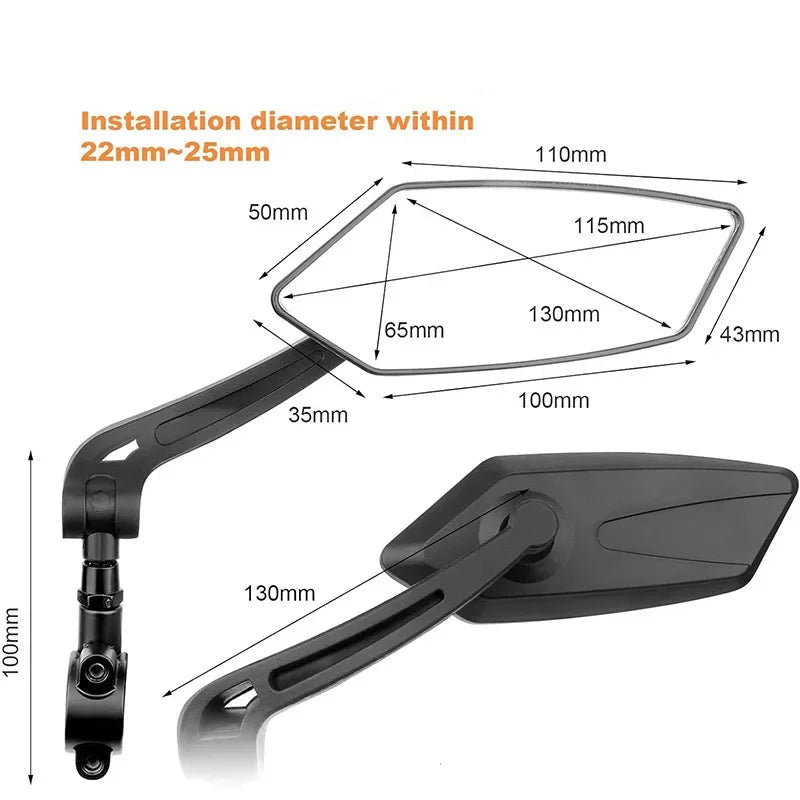 Motorcycle mirror with dimensions on a white background