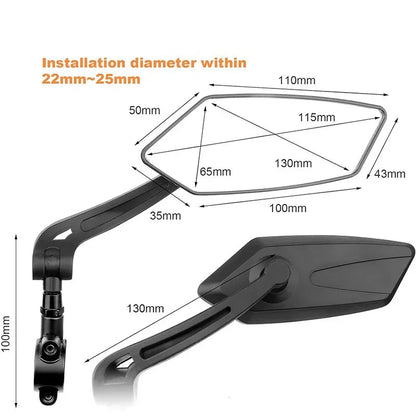 Motorcycle mirror with dimensions on a white background