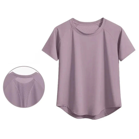 Purple t-shirt with personalized back mesh stitching feature on a white background