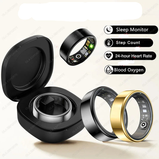 Smart ring with black and gold versions, open case, and feature icons on a white background