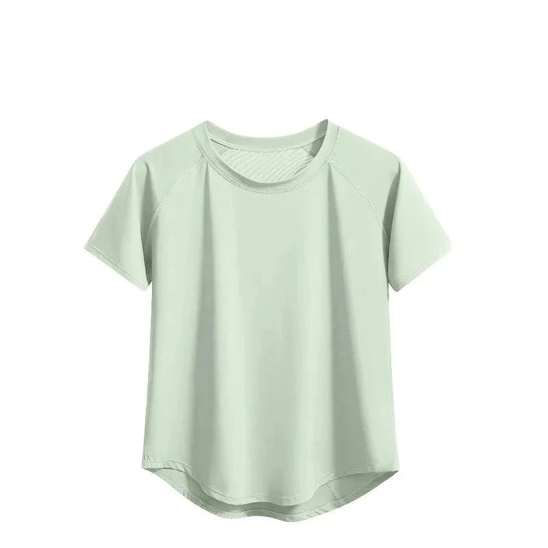 Light green t-shirt with 'Mesh stitching fitness clothes' text on a white background