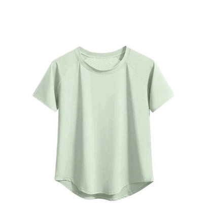 Light green t-shirt with 'Mesh stitching fitness clothes' text on a white background