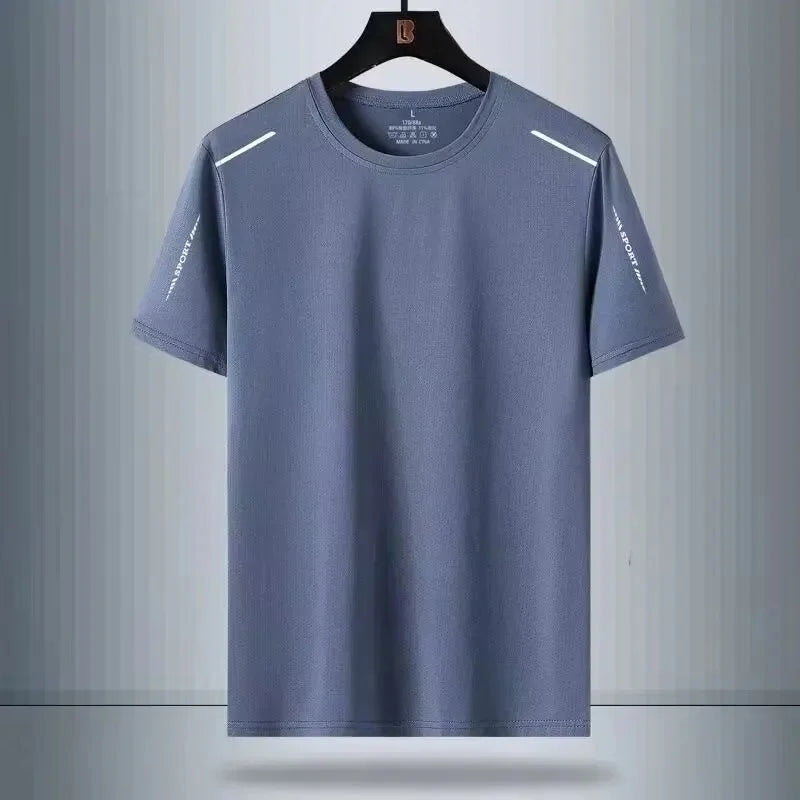 Gray t-shirt with white accents on a hanger against a gray background
