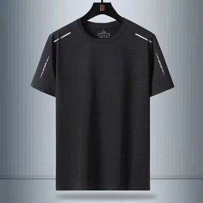 Black t-shirt with white text on a gray background
