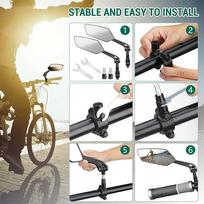 Step-by-step guide on how to install bicycle mirrors with a person riding a bike in the background.