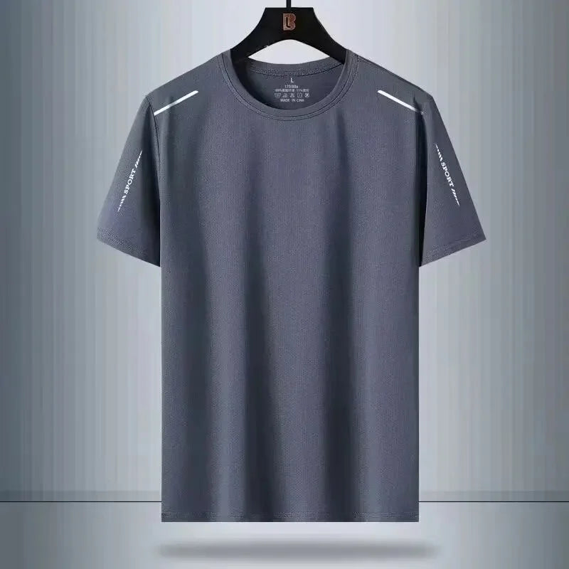 Gray t-shirt with white accents on a hanger against a gray background