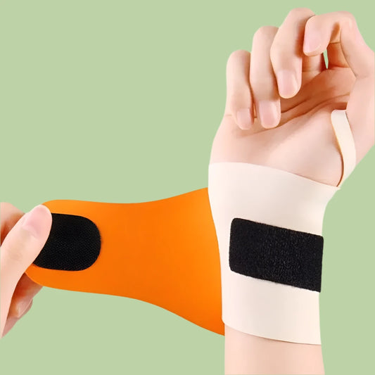 Hand with wrist support bandage being applied on a green background