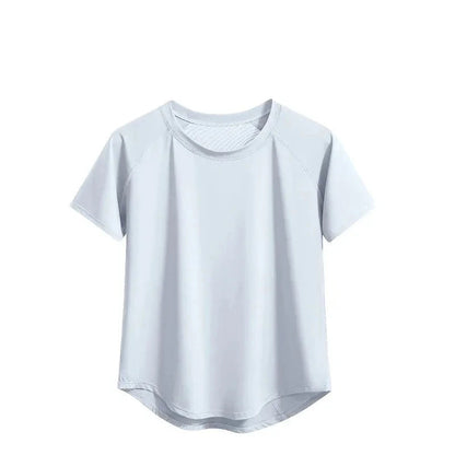Light blue t-shirt with 'Mesh stitching fitness clothes' text on a white background