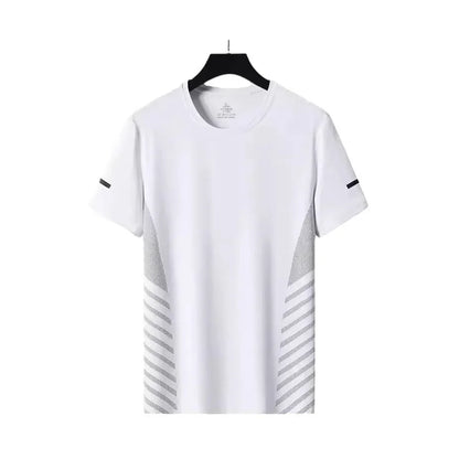 White t-shirt with black accents on a hanger against a white background